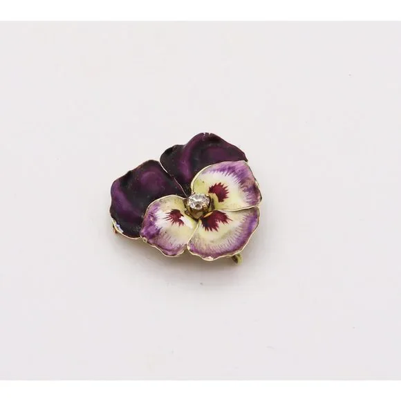 Hedges & Co. 1900 Art Nouveau Enamel Pansy Pendant 14Kt  Diamond - Picture 3 of 8